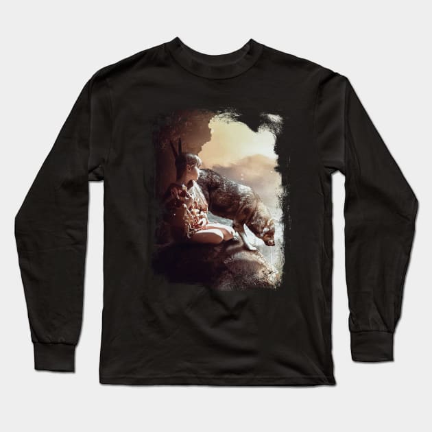 Native American Girl And Wolf Fantasy Scene Long Sleeve T-Shirt by AltrusianGrace